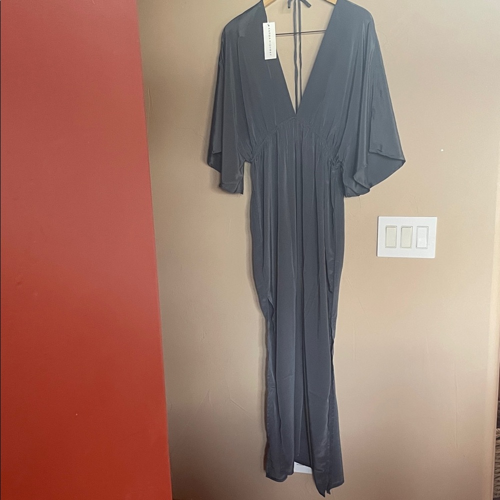 Carma Highway Charcoal Black Maxi Dress with Deep V and Draped Sleeves Sz S NWT
